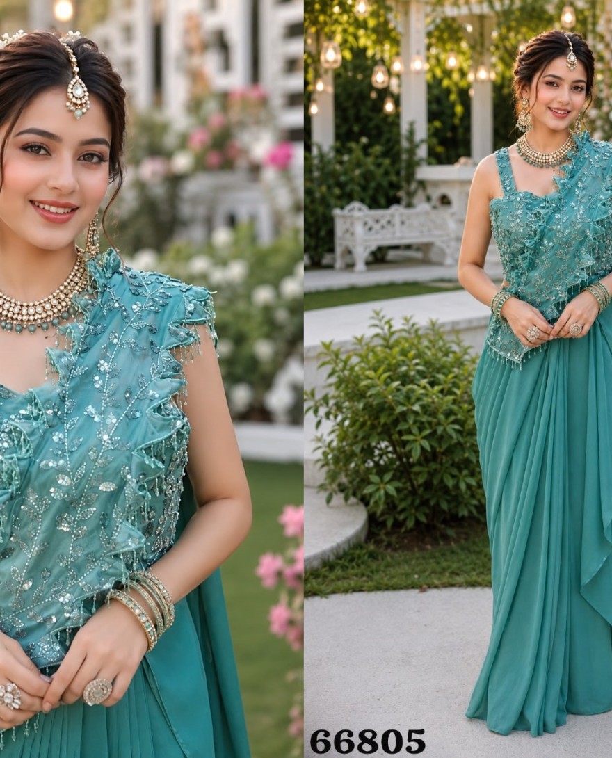 BLUE - Embroidered Work Georgette Contemporary Sari In Aqua Blue for Ceremonial